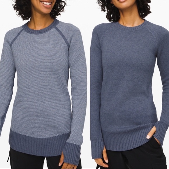 Lululemon Still Lotus Reversible Sweater Crew Blue Grey Stripe XS 2 4 Pullover - Picture 1 of 10